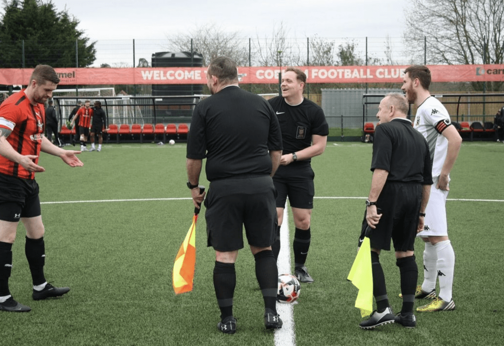 Brisk Agency CEO Liam Chick pre-match at the coin toss, about to referee Cobham FC vs Abbey Rangers in the Combined Counties Football League