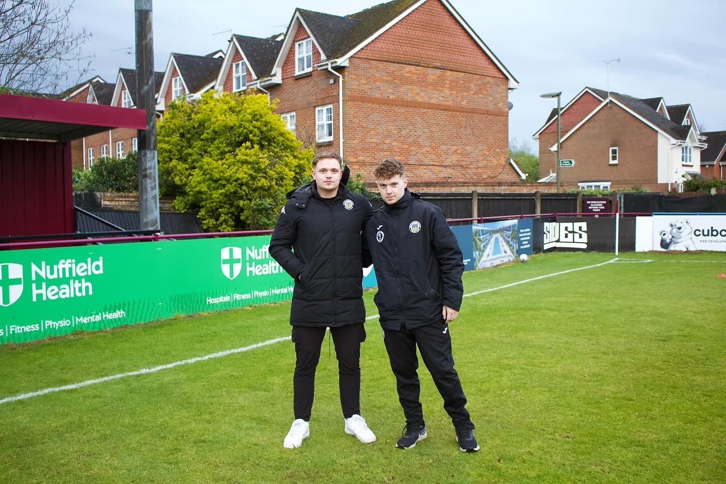 Brisk Agency CEO Liam Chick (left) with Tooting and Mitcham United FC social assistant Andrew Squibb (right) before the Farnham Town FC vs Tooting & Mitcham FC match