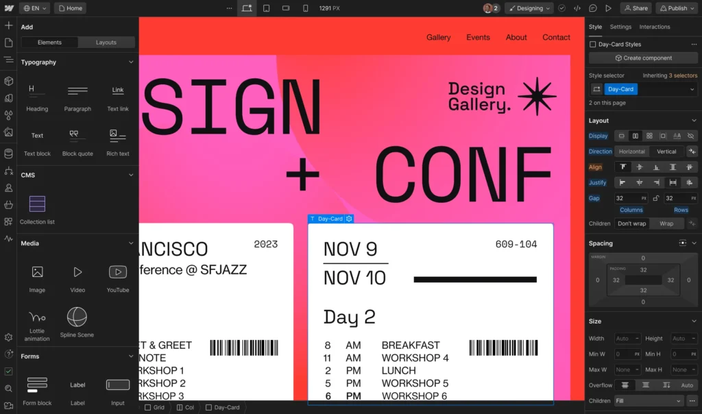 Design software interface showing a colourful conference flyer layout.