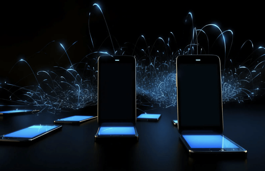 Illuminated smartphones with data flow representing Brisk Agency, a leading SEO agency in London and Exeter.