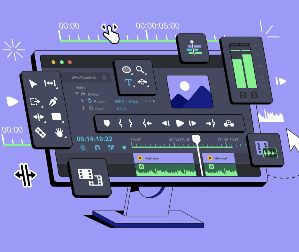 Illustration of a video editing software interface, representing Brisk Agency's expertise in video production and editing, based in London and Exeter.