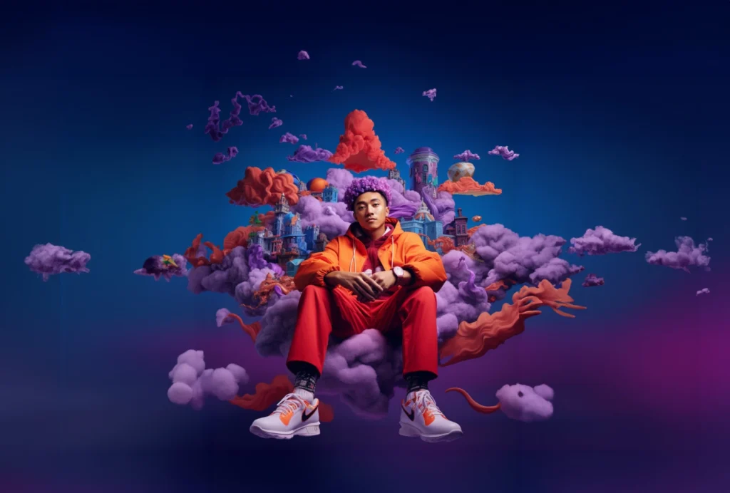 AI-generated image of a person sitting in a colourful, surreal landscape, representing the innovative AI solutions provided by Brisk Agency, a leading AI marketing agency.